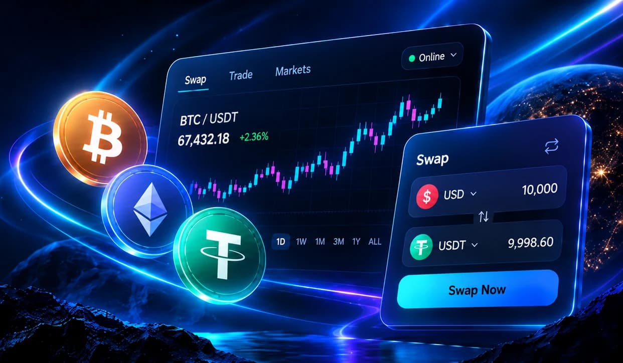 Önünde Bitcoin, Ethereum ve Tether paraları süzülen Zerovex işlem ekranları